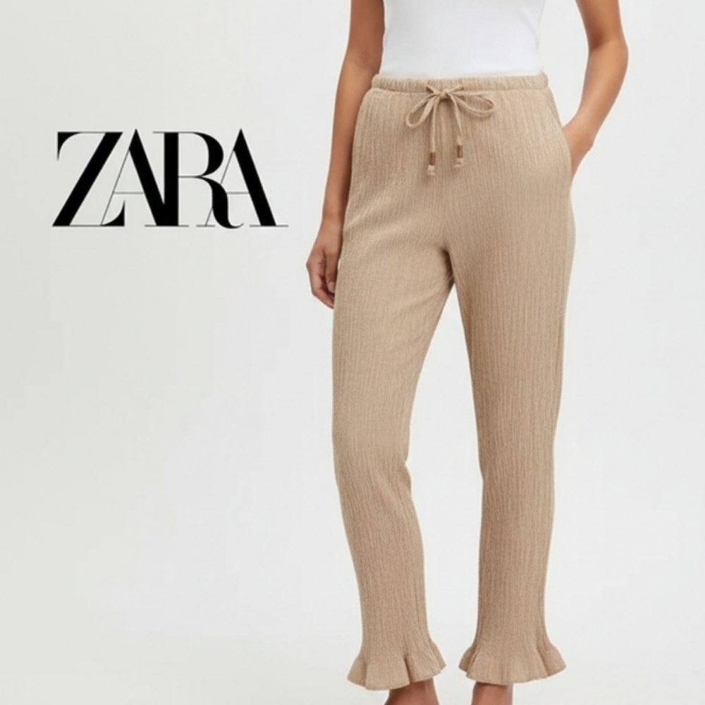 🟣 XS Zara Beige Textured Crinkle Pants
